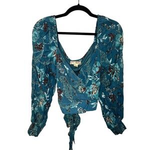 Band of the Free House of We Floral Print Long Sleeve Tie Front Crop Top
